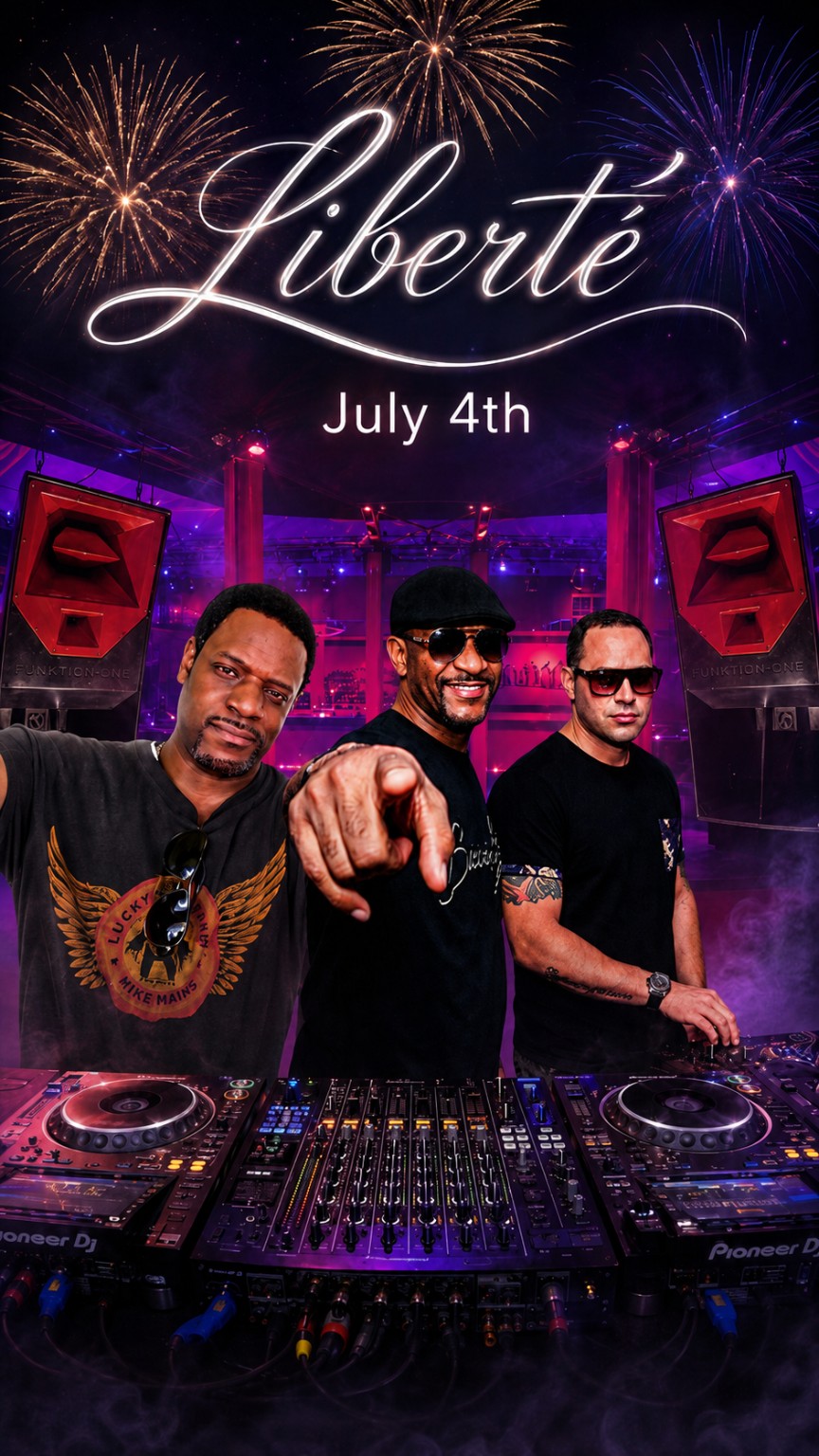 LIBERTE July 4 flyer featuring the three DJs